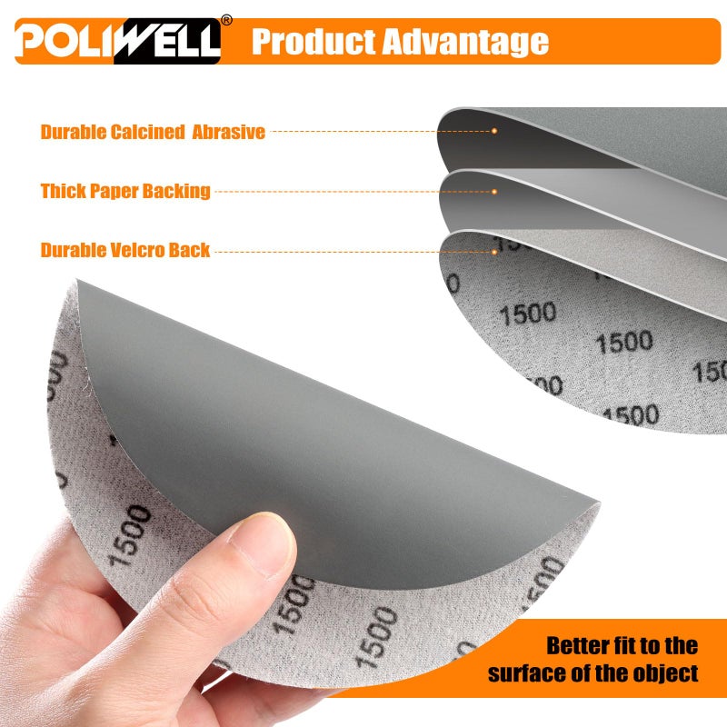 POLIWELL 6 Inch (150mm) 1500 Grit High Performance Waterproof Hook & Loop Sanding Discs Heavy Duty Silicon Carbide Round Flocking Sandpaper for Wet/Dry Sanding Grinder Polishing Accessories, 20-Pack - Image 3